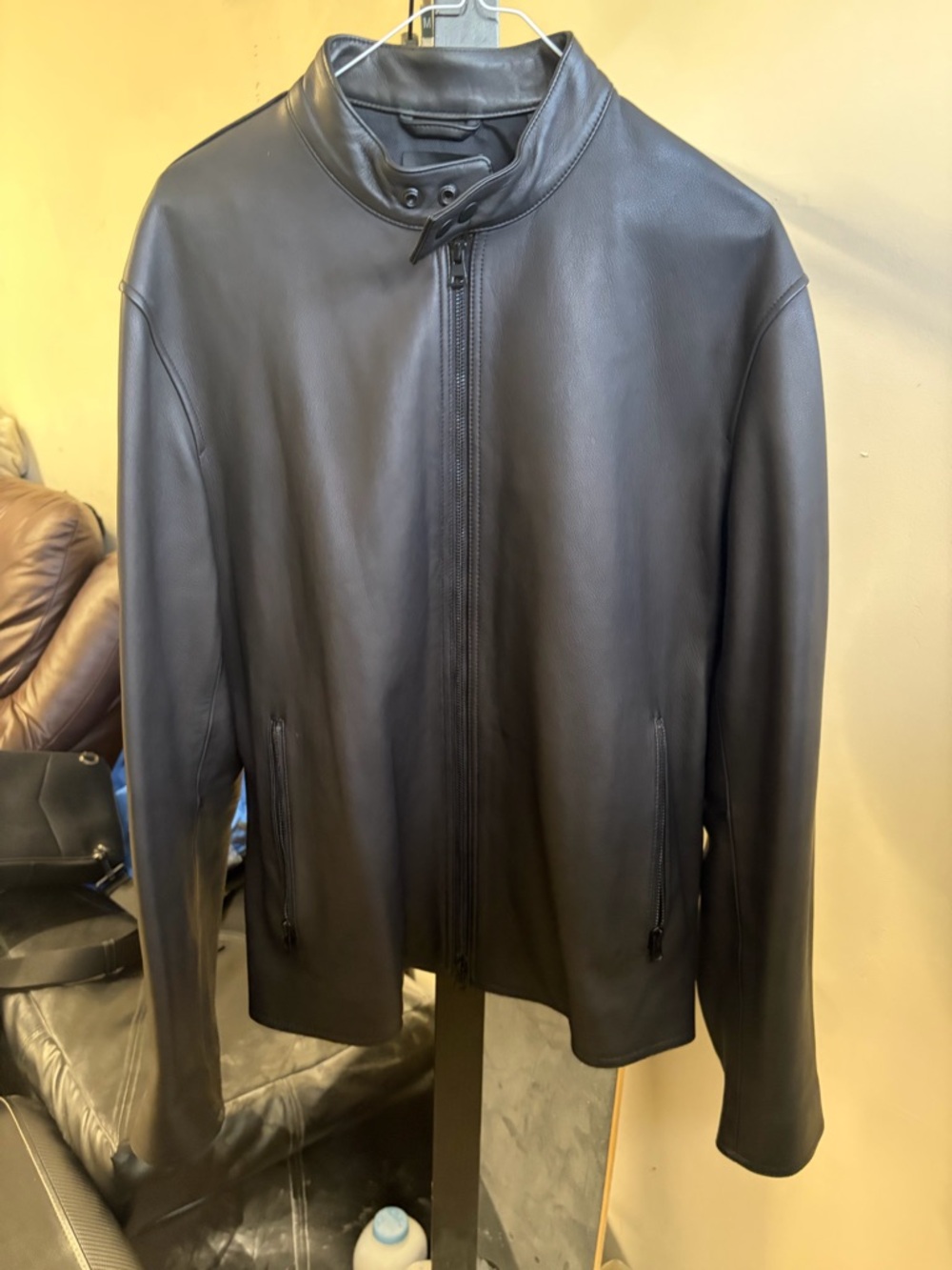 Vince Black Leather Stand-Collar Zip Jacket